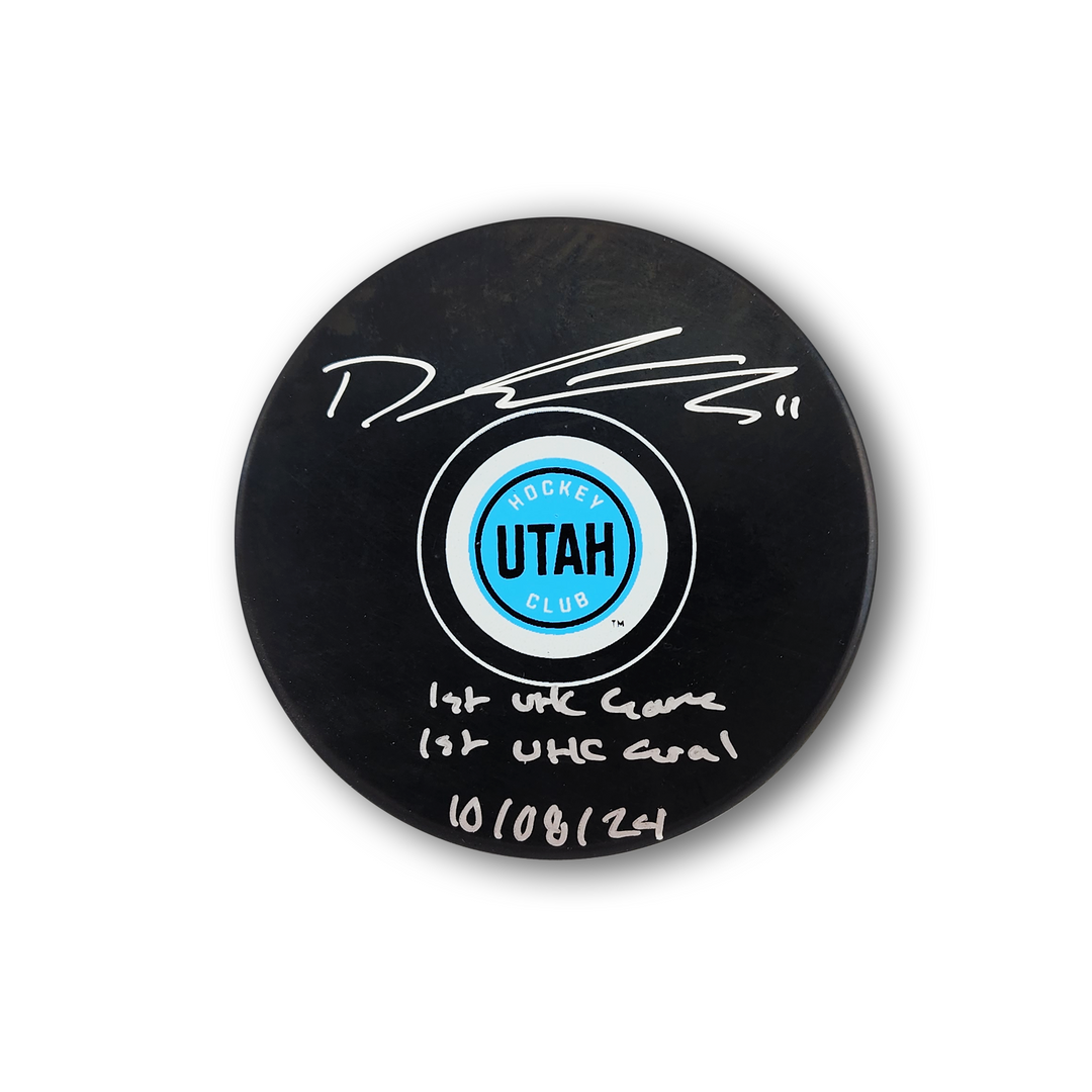 Dylan Guenther Autographed Utah Hockey Club Hockey Puck 1st Game 1st Goal
