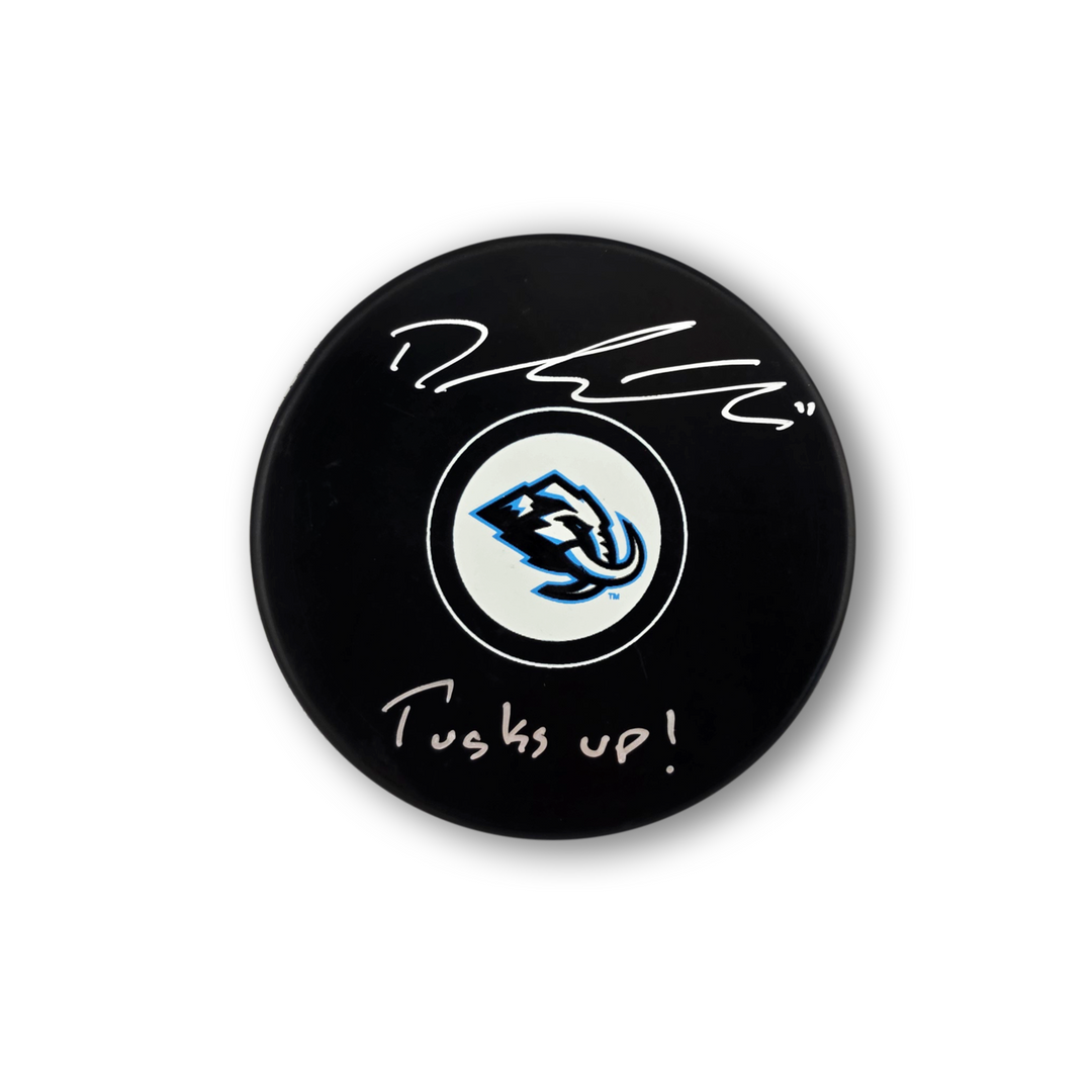Dylan Guenther Autographed Utah Mammoth Hockey Puck Tusks Up