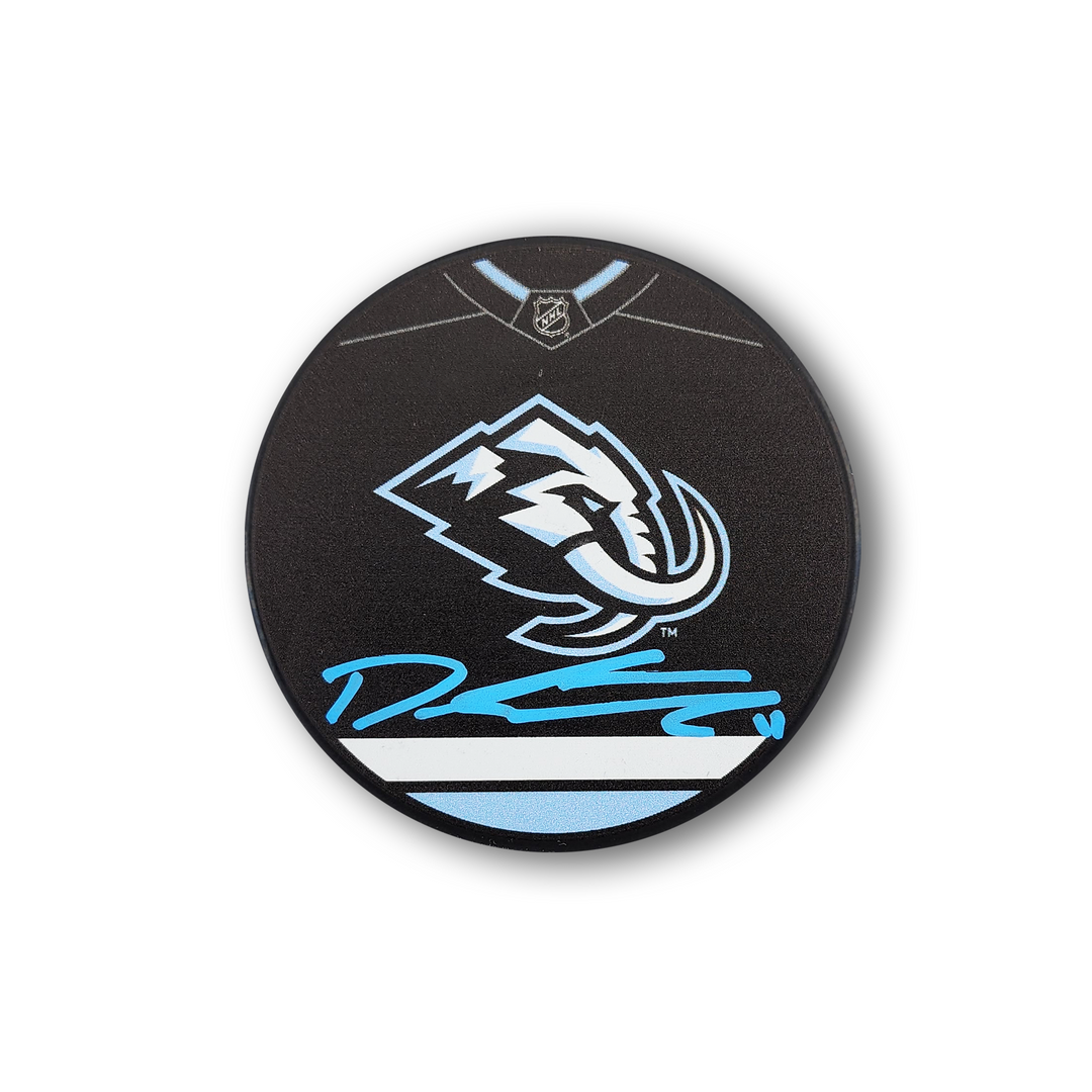 Dylan Guenther Autographed Utah Mammoth Jersey Design Hockey Puck