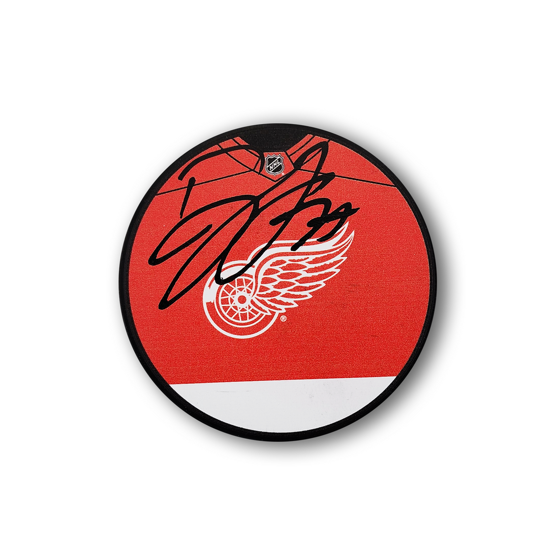 Dylan Larkin Autographed Detroit Red Wings Jersey Design Hockey Puck