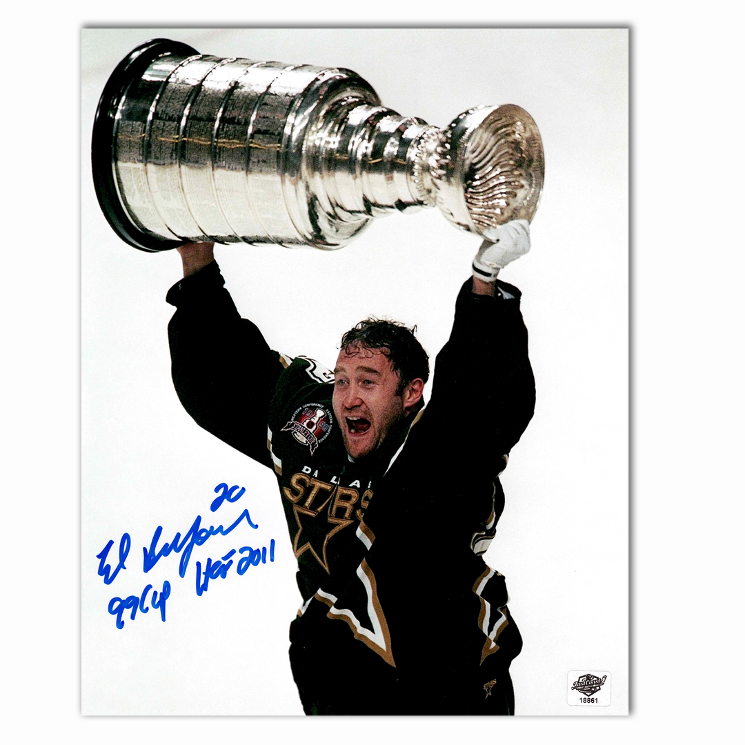 Ed Belfour Autographed Dallas Stars Stanley Cup 8x10 Photo Inscribed