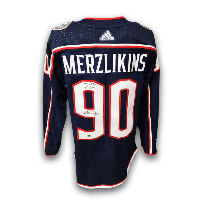 Elvis Merzlikins Autographed Columbus Blue Jackets Adidas Jersey Inscribed NHL Debut