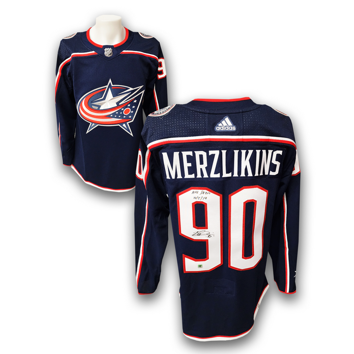 Elvis Merzlikins Autographed Columbus Blue Jackets Adidas Jersey Inscribed NHL Debut
