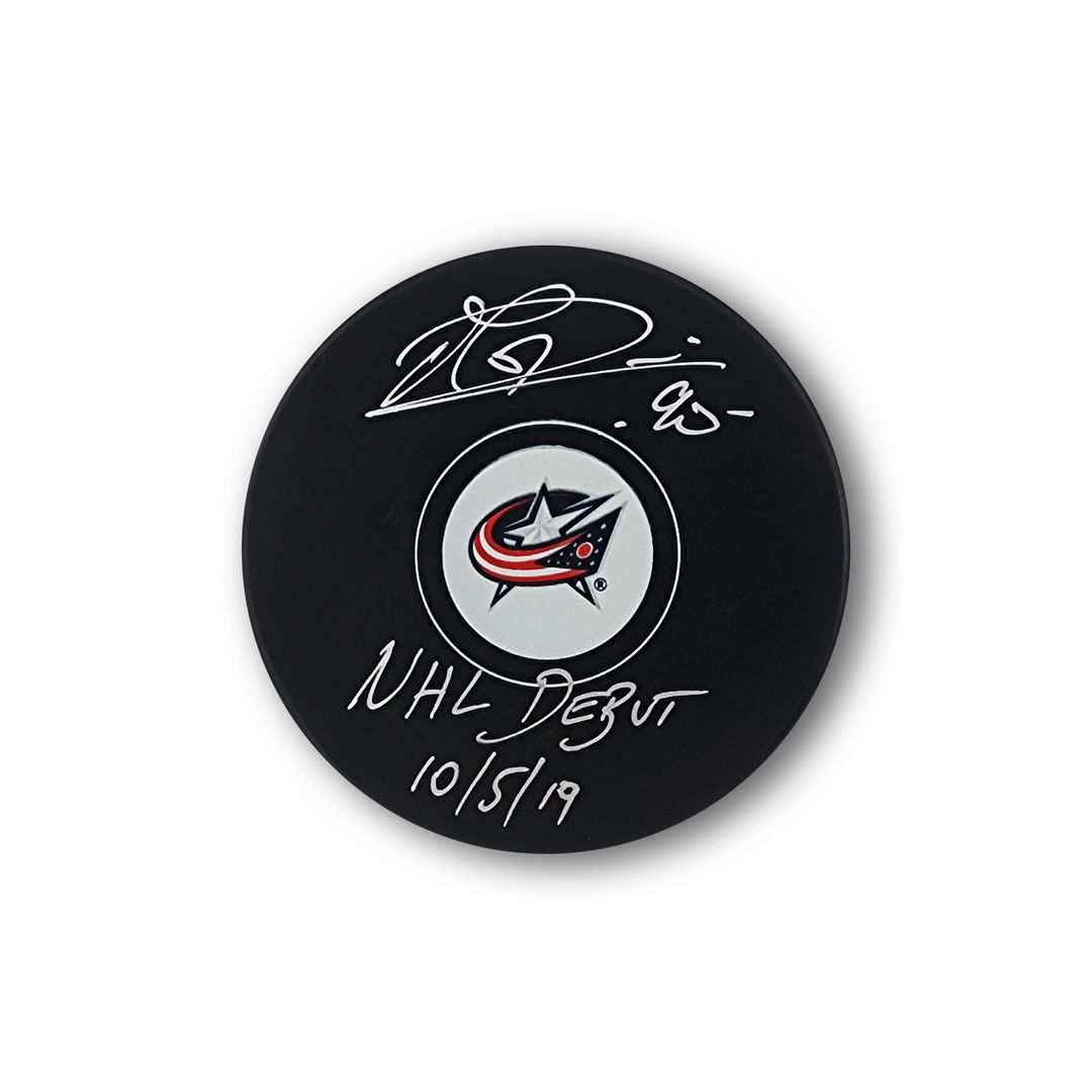 Elvis Merzlikins Autographed Columbus Blue Jackets Hockey Puck Inscribed Debut