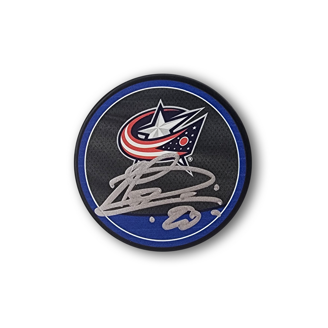 Elvis Merzlikins Autographed Columbus Blue Jackets Reverse Retro Hockey Puck
