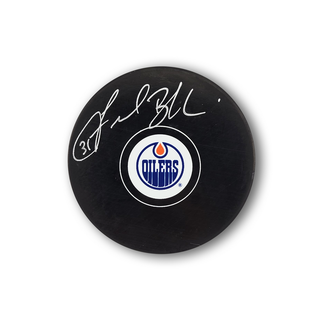 Fred Brathwaite Autographed Edmonton Oilers Hockey Puck
