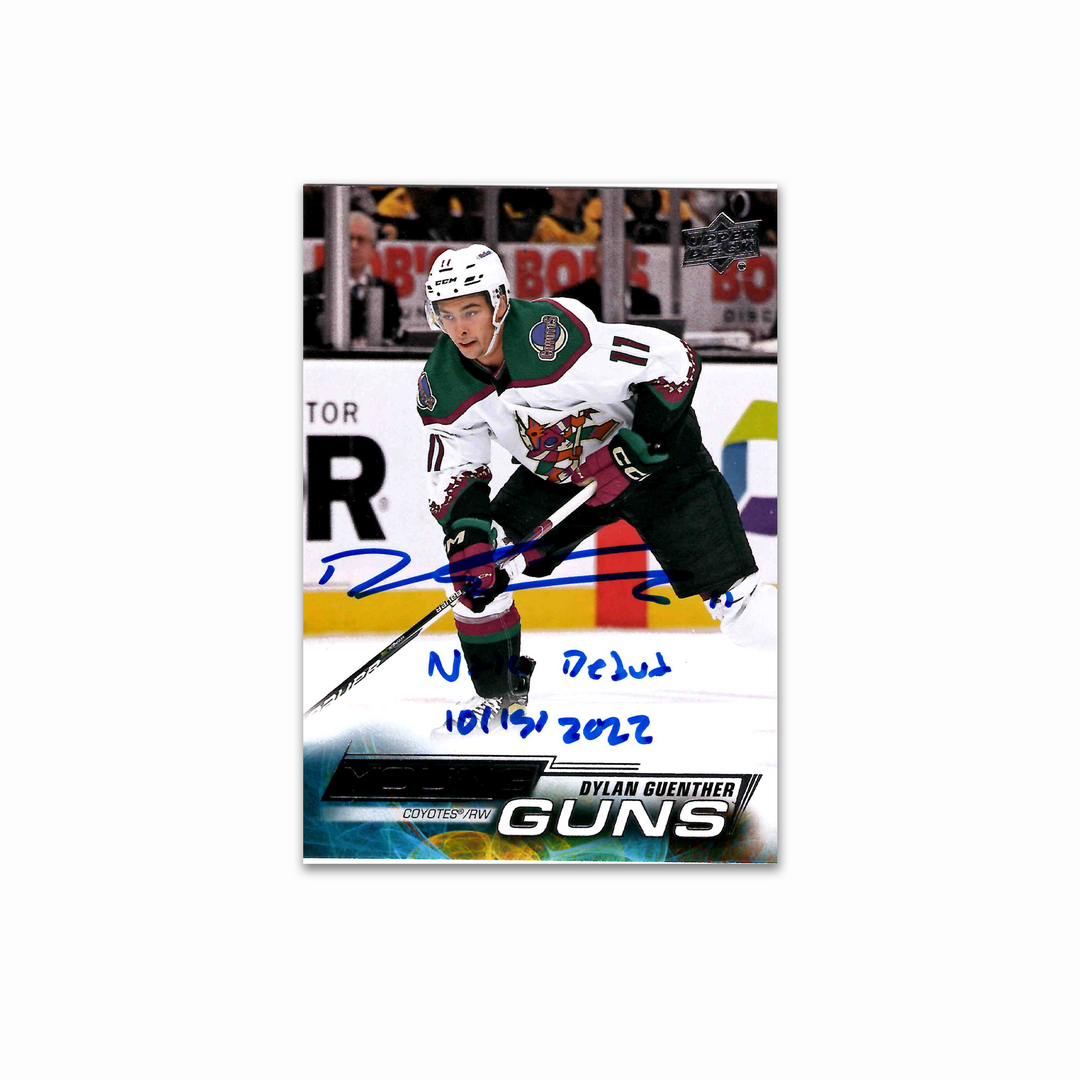 Dylan Guenther Autographed Arizona Coyotes Young Guns Hockey Card Inscribed NHL Debut