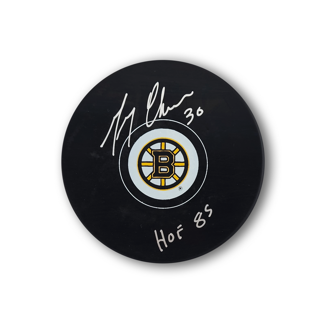 Gerry Cheevers Autographed Boston Bruins Hockey Puck HOF 85