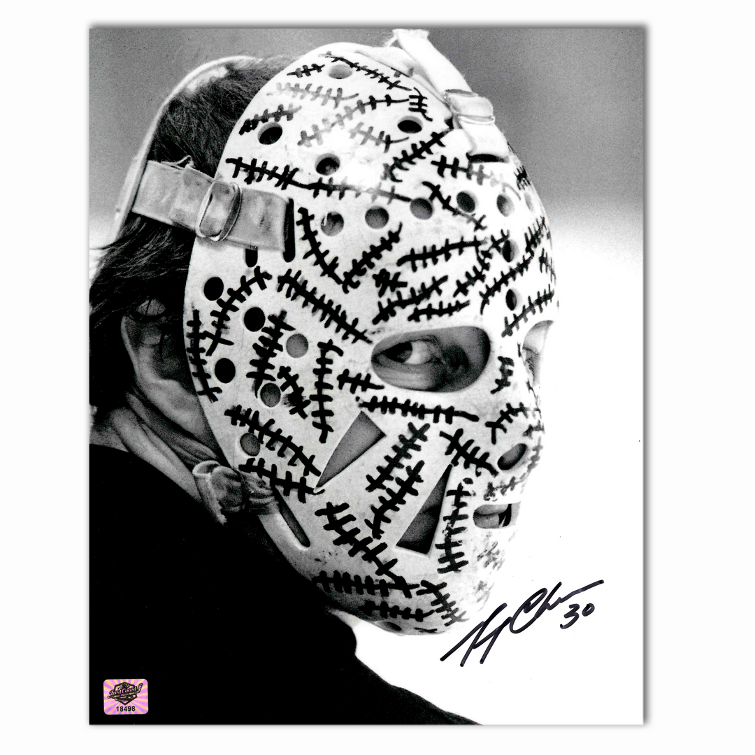 Gerry Cheevers Autographed Boston Bruins Mask with Stitches 8x10 Photo