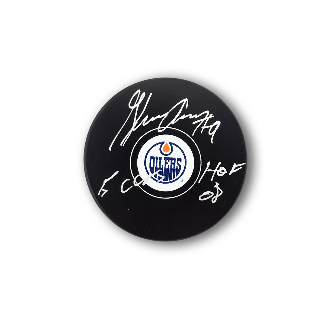 Glenn Anderson Autographed Edmonton Oilers Hockey Puck Inscribed HOF 08 / 5 Cups