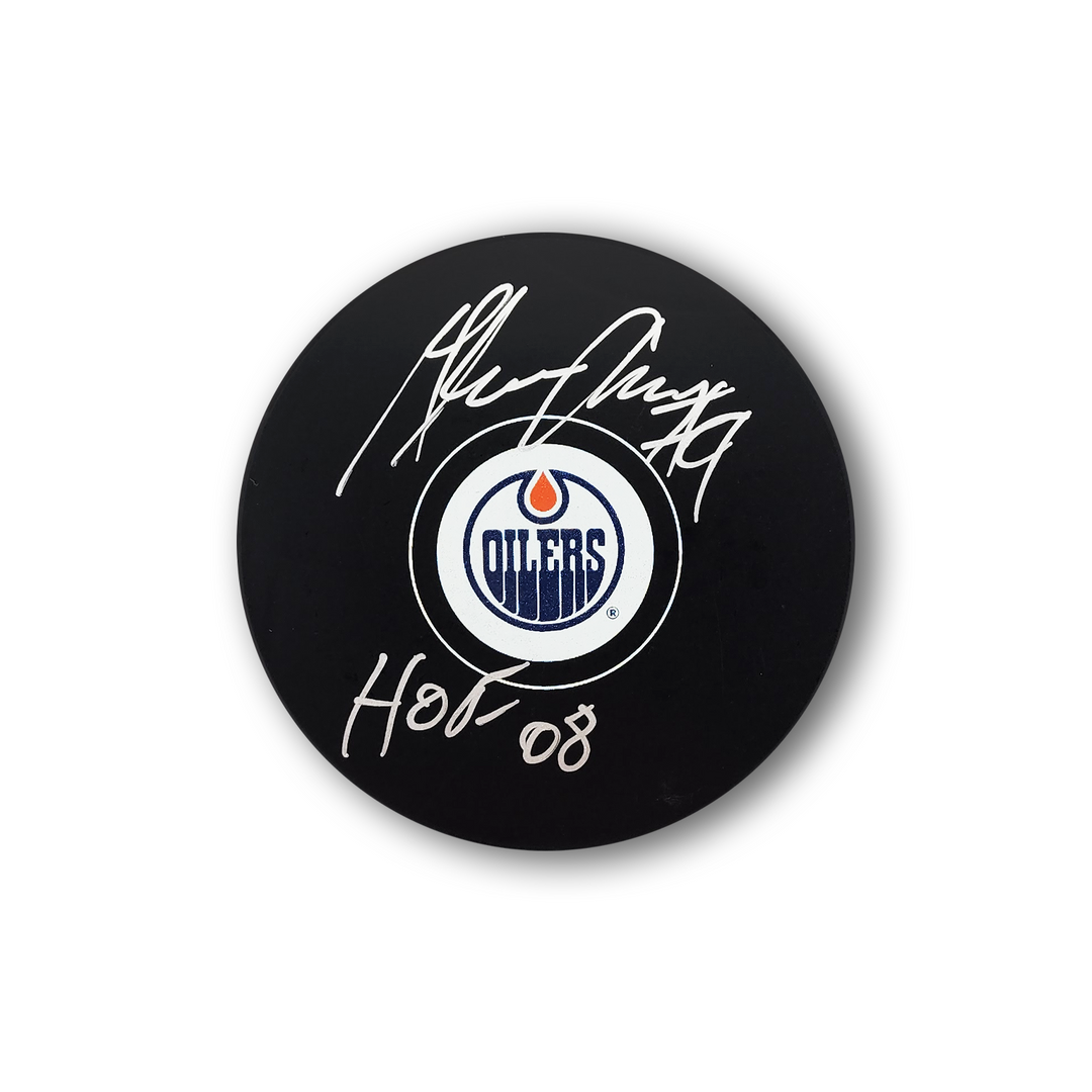 Glenn Anderson Autographed Edmonton Oilers Hockey Puck Inscribed HOF 08