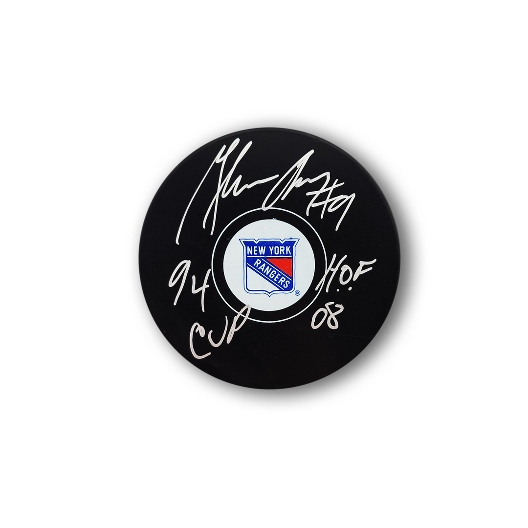 Glenn Anderson Autographed New York Rangers Hockey Puck Inscribed 94 Cup