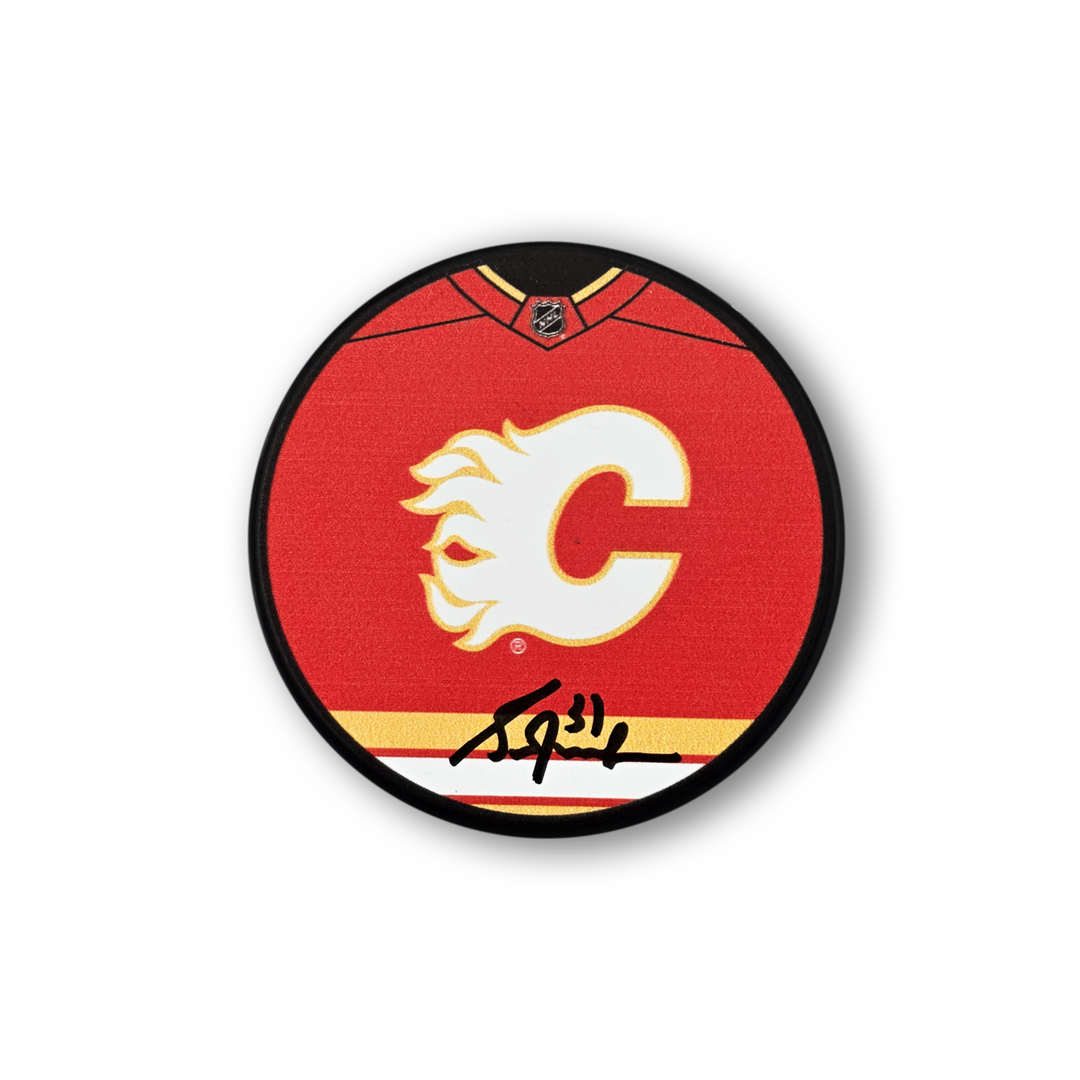 Grant Fuhr Autographed Calgary Flames Jersey Design Hockey Puck