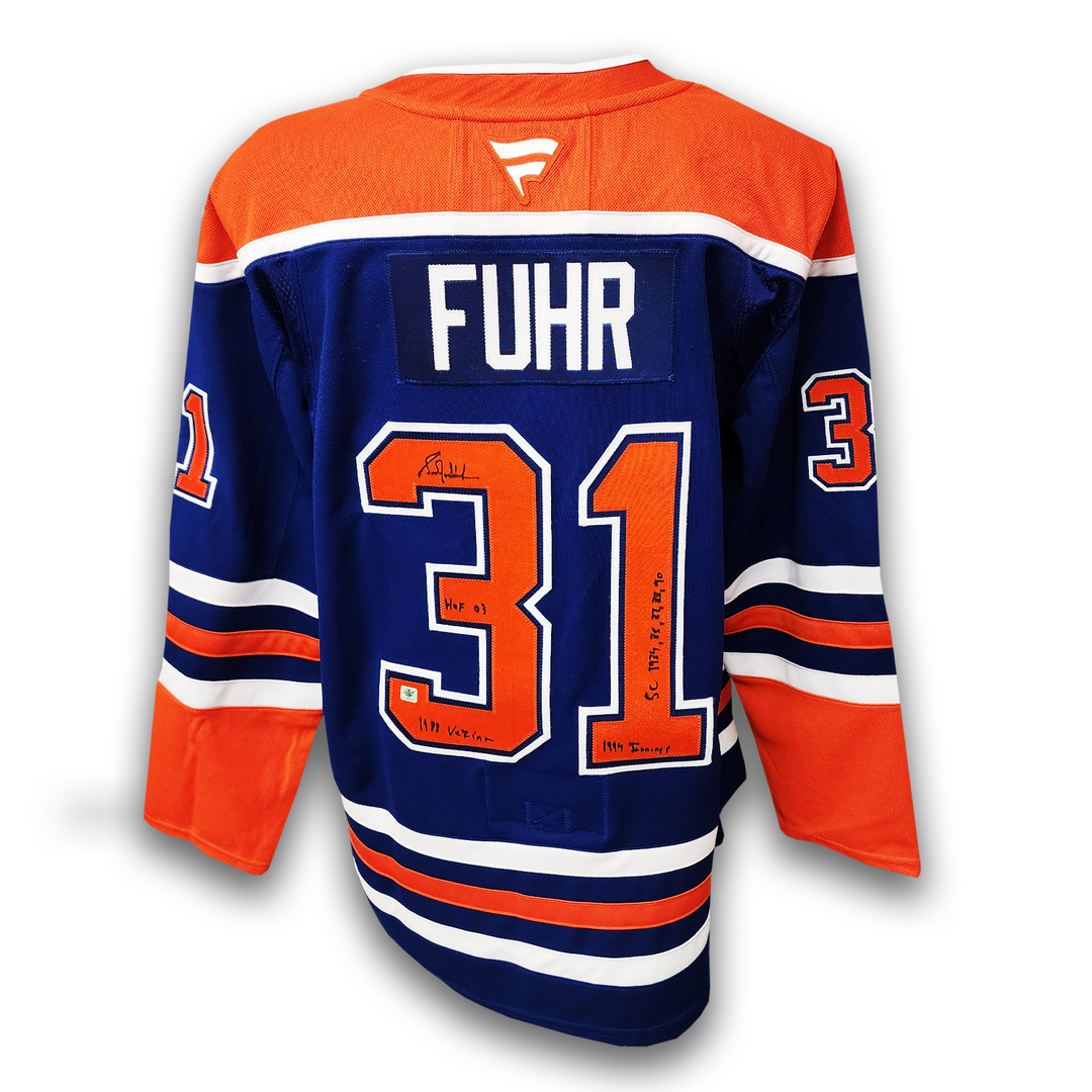 Grant Fuhr Autographed Edmonton Oilers Fanatics Home Premium Jersey Career Inscriptions