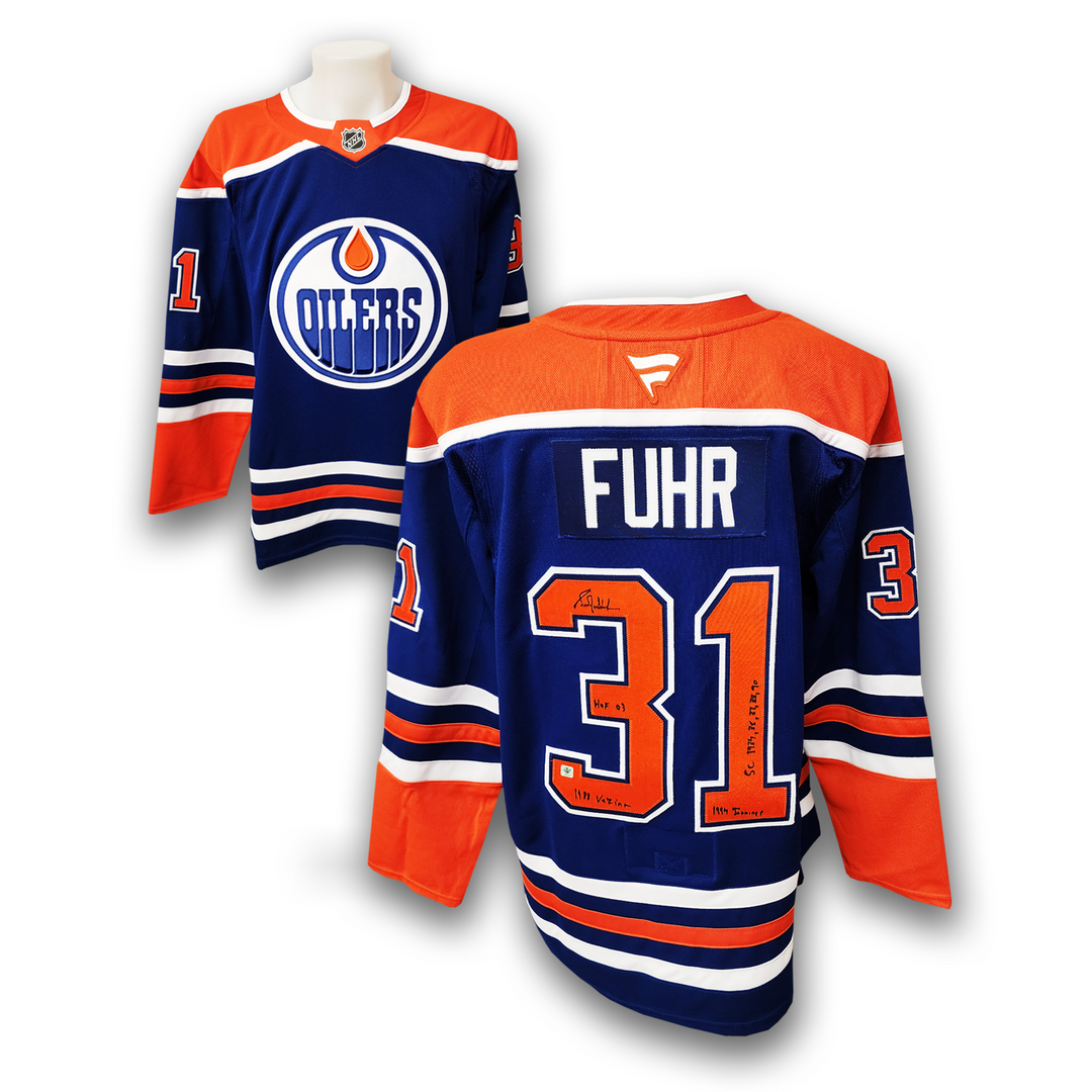 Grant Fuhr Autographed Edmonton Oilers Fanatics Home Premium Jersey Career Inscriptions