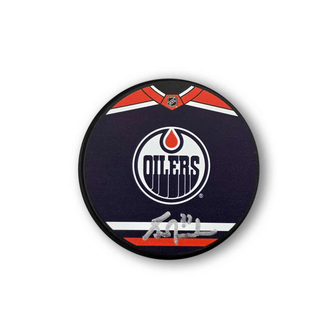 Grant Fuhr Autographed Edmonton Oilers Jersey Design Hockey Puck