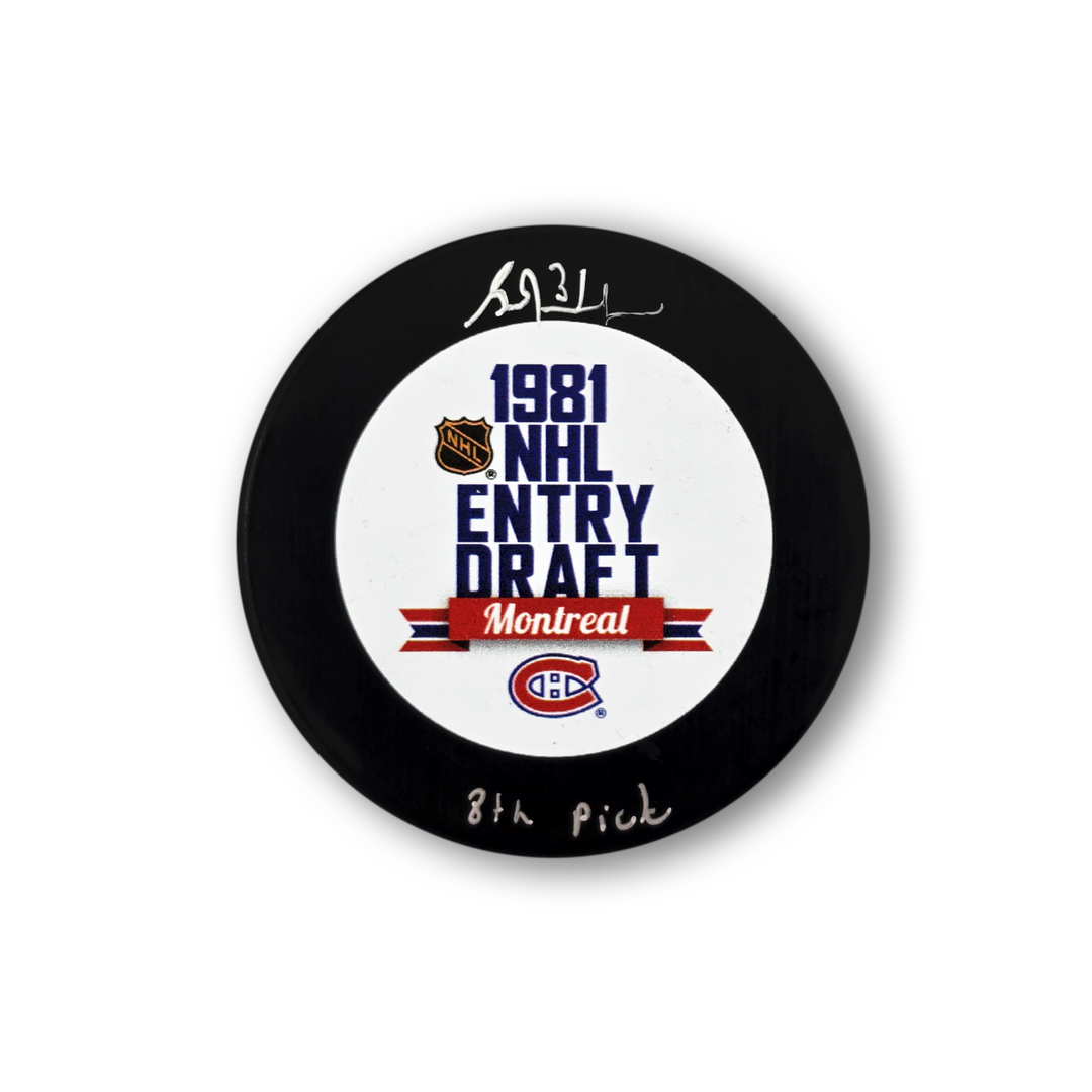 Grant Fuhr Autographed 1981 NHL Draft Hockey Puck Inscribed 8th Pick