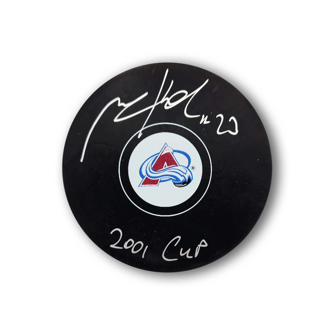Milan Hejduk Autographed Colorado Avalanche Hockey Puck Inscribed 2001 Cup