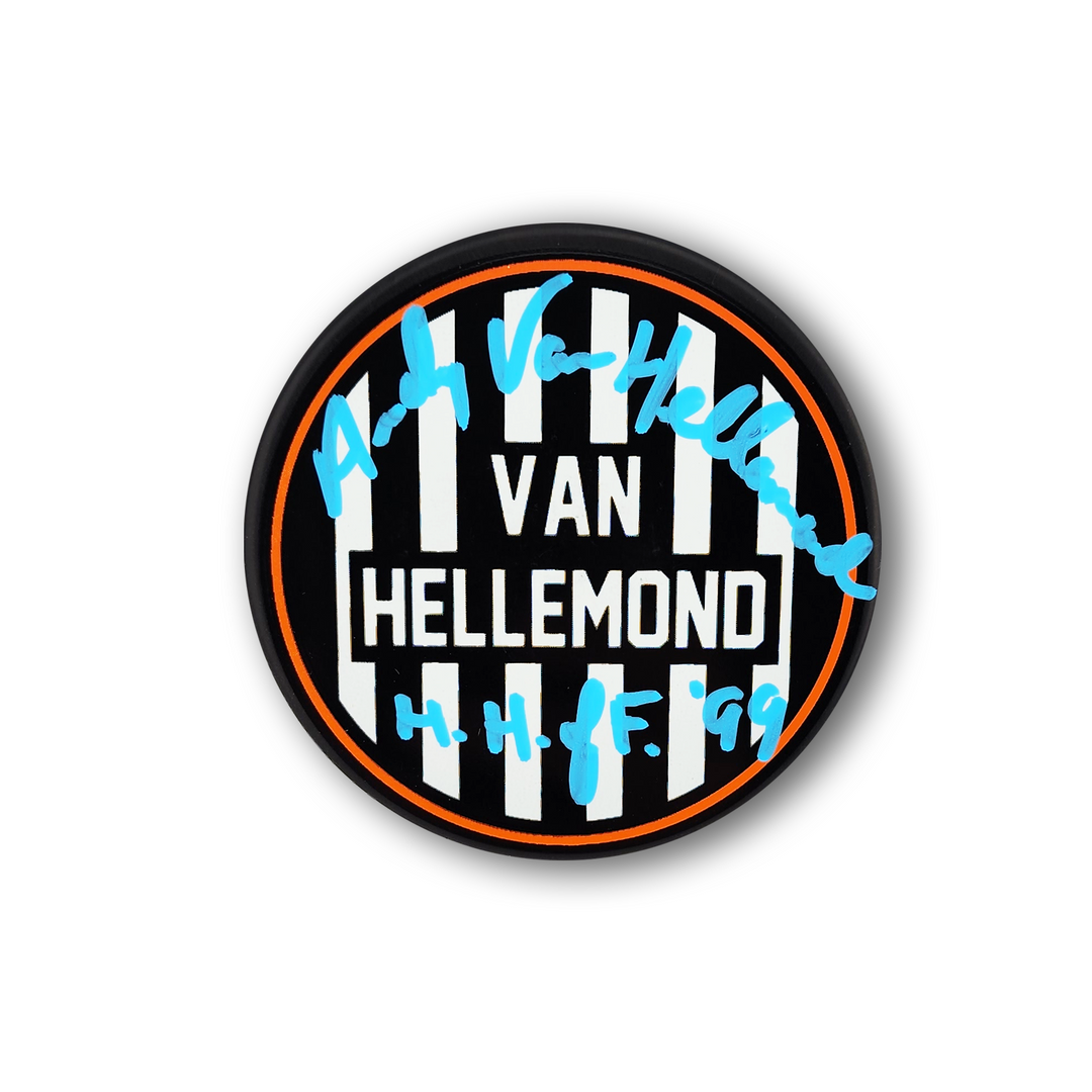 Andy Van Hellemond Autographed NHL Official Referee Hockey Puck (Stripes)