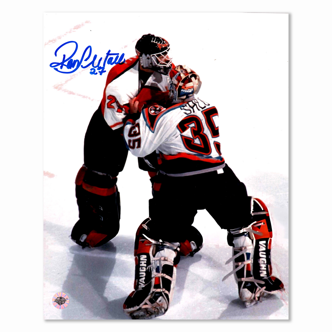 Ron Hextall Autographed Philadelphia Flyers Tommy Salo Fight 8x10 Photo