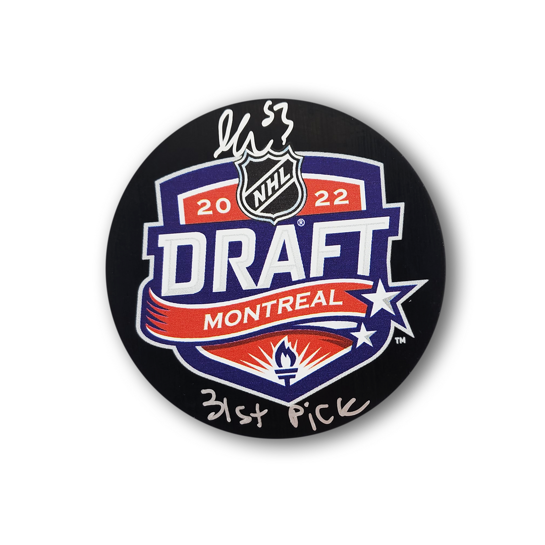 Isaac Howard Autographed 2022 NHL Draft Hockey Puck Inscribed 31st Pick