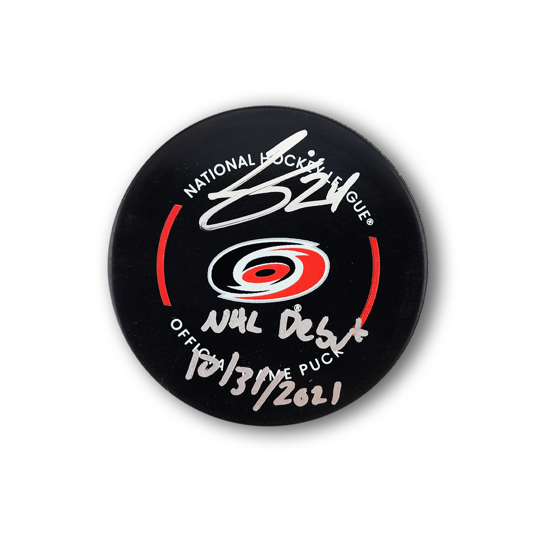 Seth Jarvis Autographed Carolina Hurricanes Official Hockey Puck Inscribed NHL Debut