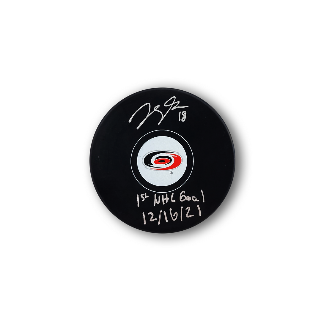 Jack Drury Autographed Carolina Hurricanes Hockey Puck Inscribed 1st NHL Goal