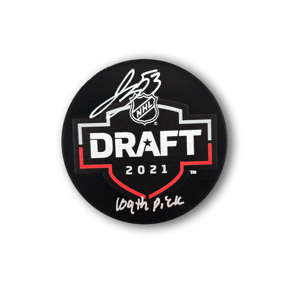 Jackson Blake Autographed 2021 NHL Draft Hockey Puck Inscribed 109th Pick