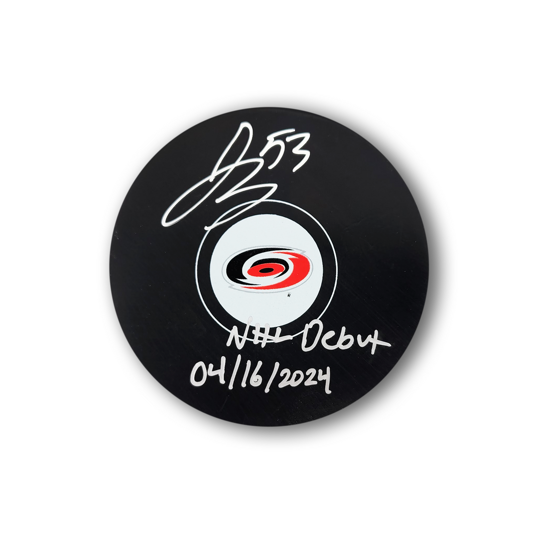 Jackson Blake Autographed Carolina Hurricanes Hockey Puck Inscribed NHL Debut
