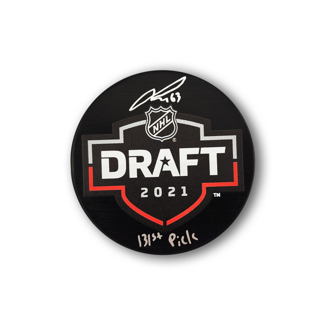 Jacob Melanson Autographed 2021 NHL Draft Hockey Puck Inscribed 131st Pick