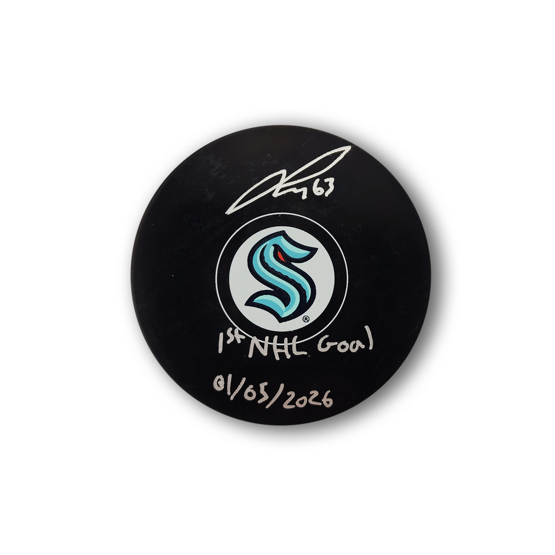 Jacob Melanson Autographed Seattle Kraken Hockey Puck Inscribed 1st NHL Goal