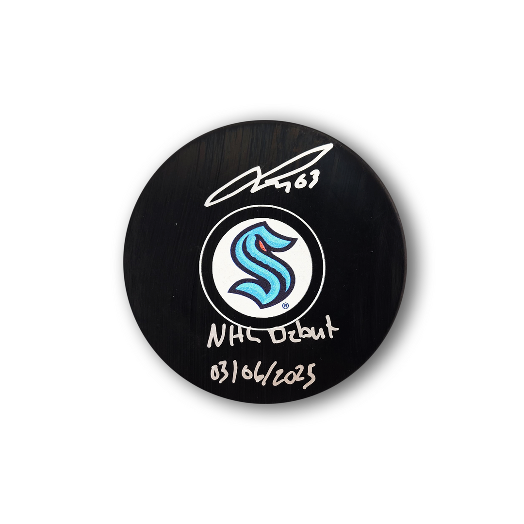 Jacob Melanson Autographed Seattle Kraken Hockey Puck Inscribed NHL Debut