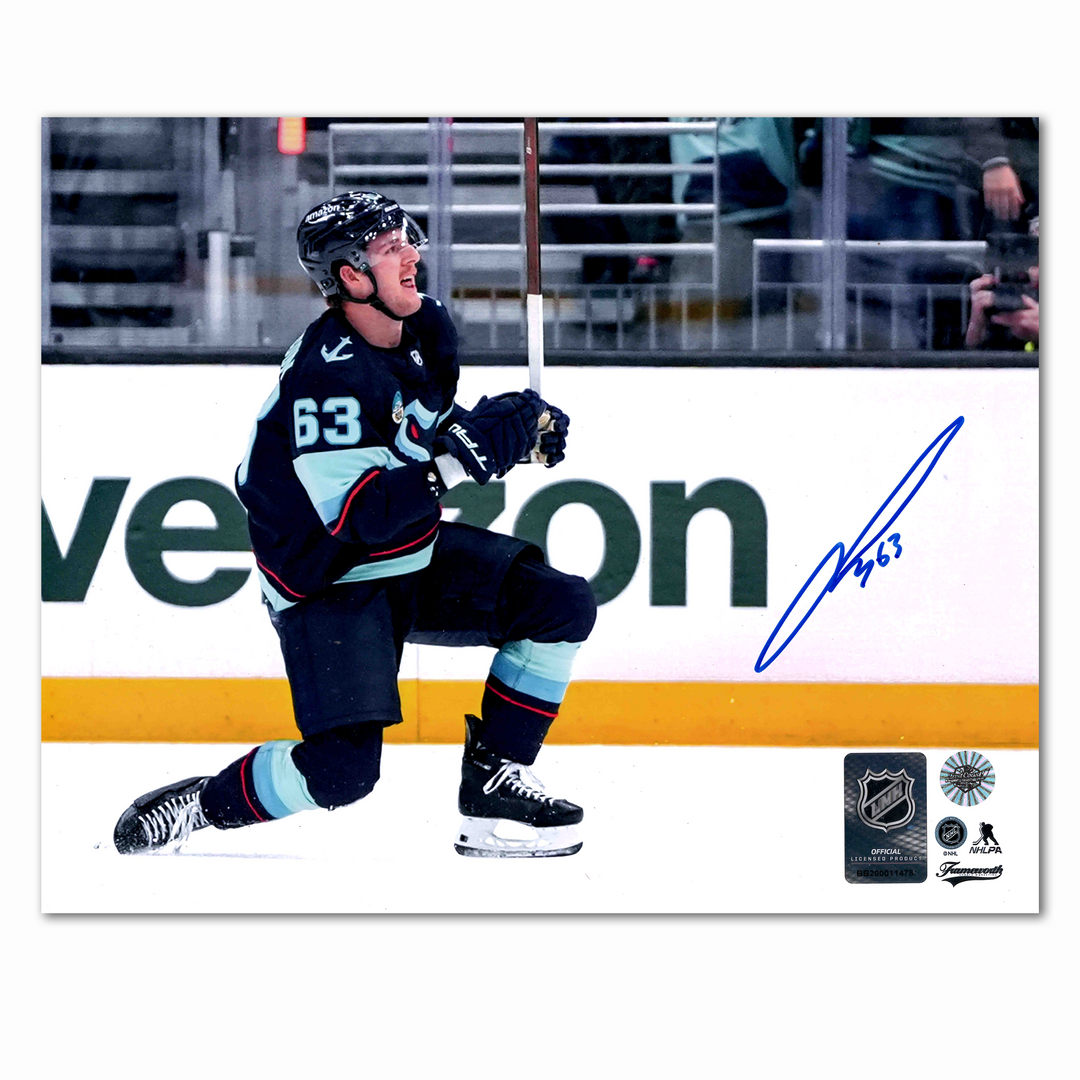 Jacob Melanson Autographed Seattle Kraken Goal Celebration Horizontal 8x10 Photo