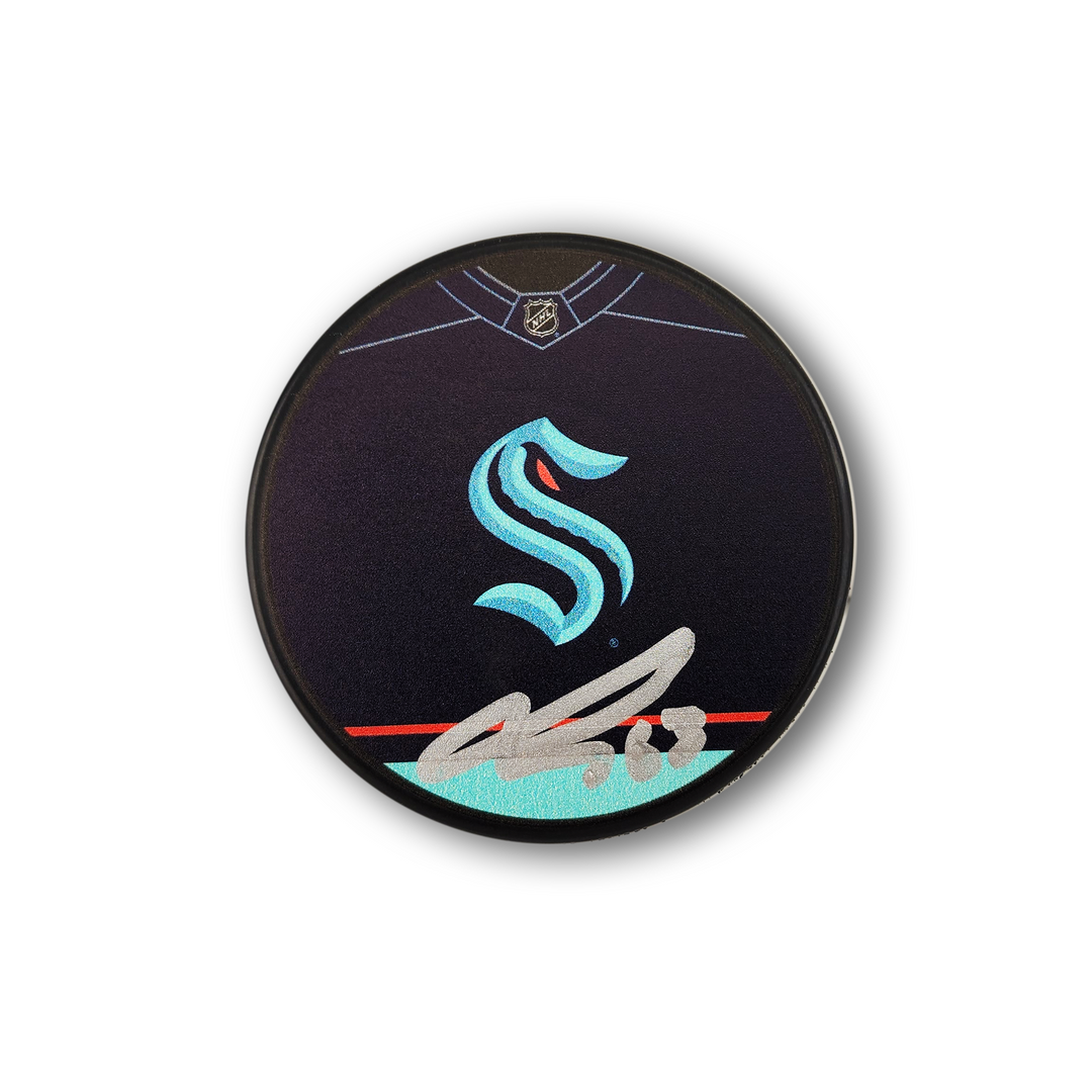 Jacob Melanson Autographed Seattle Kraken Jersey Design Hockey Puck