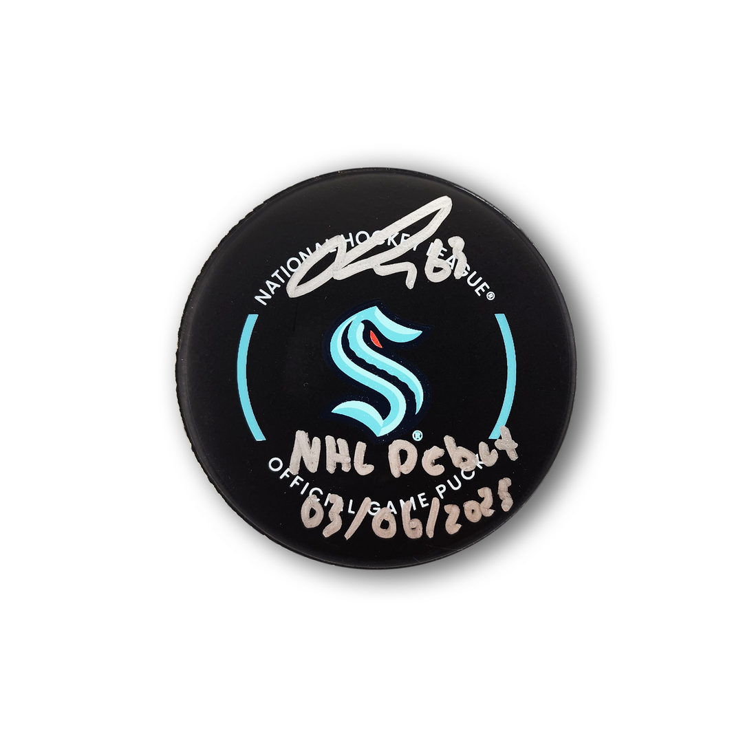 Jacob Melanson Autographed Seattle Kraken Official Hockey Puck Inscribed NHL Debut
