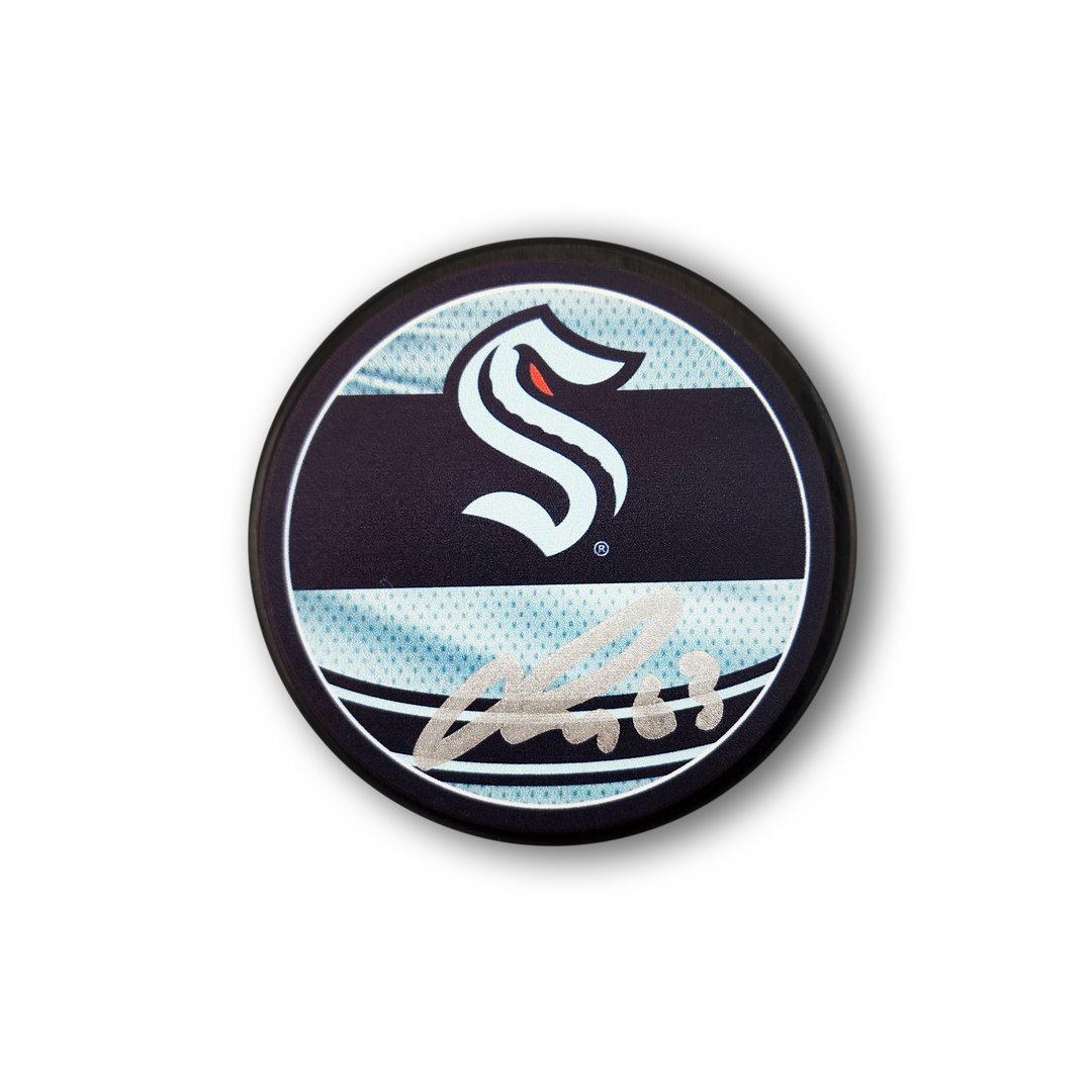 Jacob Melanson Autographed Seattle Kraken Reverse Retro Hockey Puck
