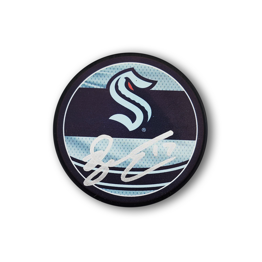 Jaden Schwartz Autographed Seattle Kraken Reverse Retro Hockey Puck