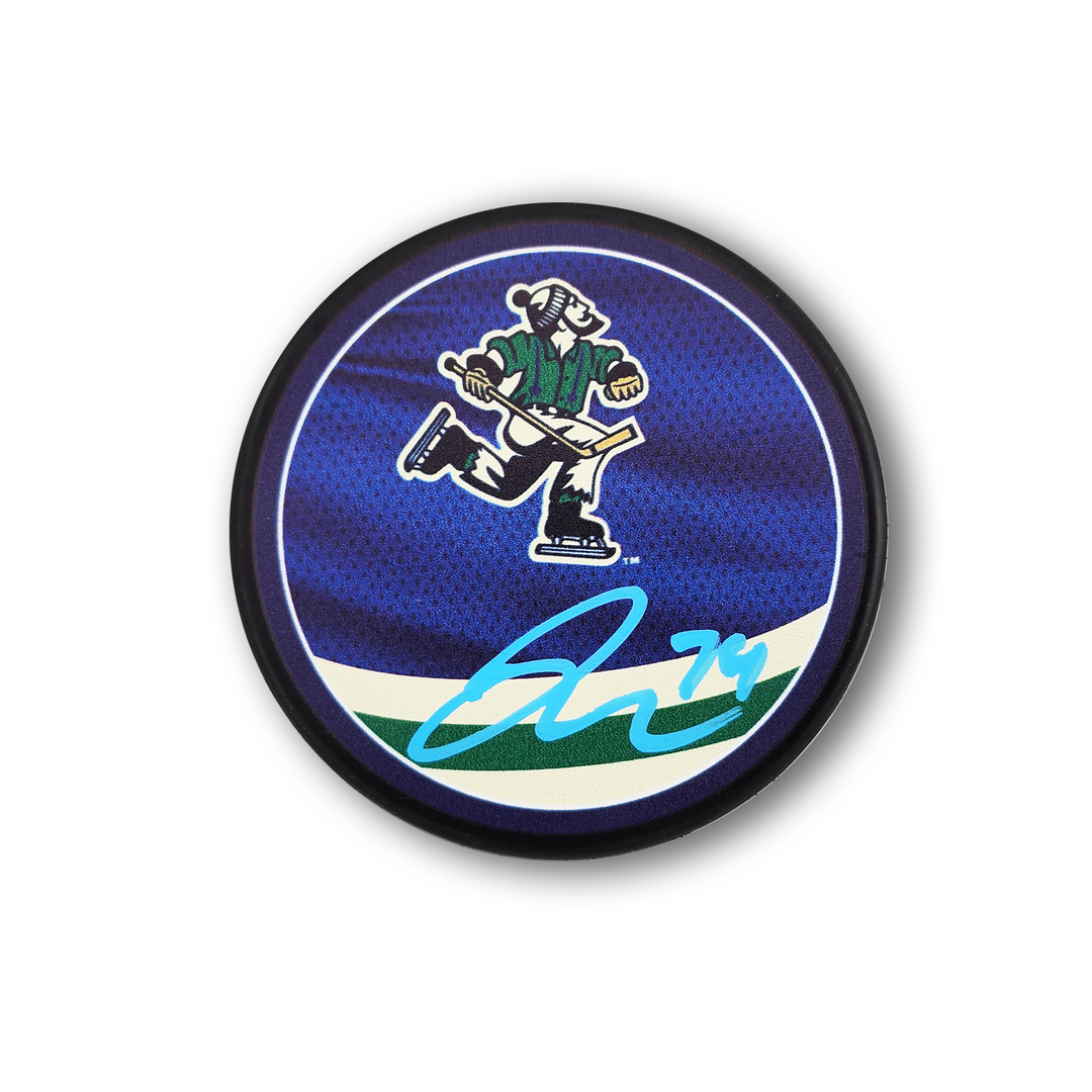 Jake Debrusk Autographed Vancouver Canucks Reverse Retro Hockey Puck