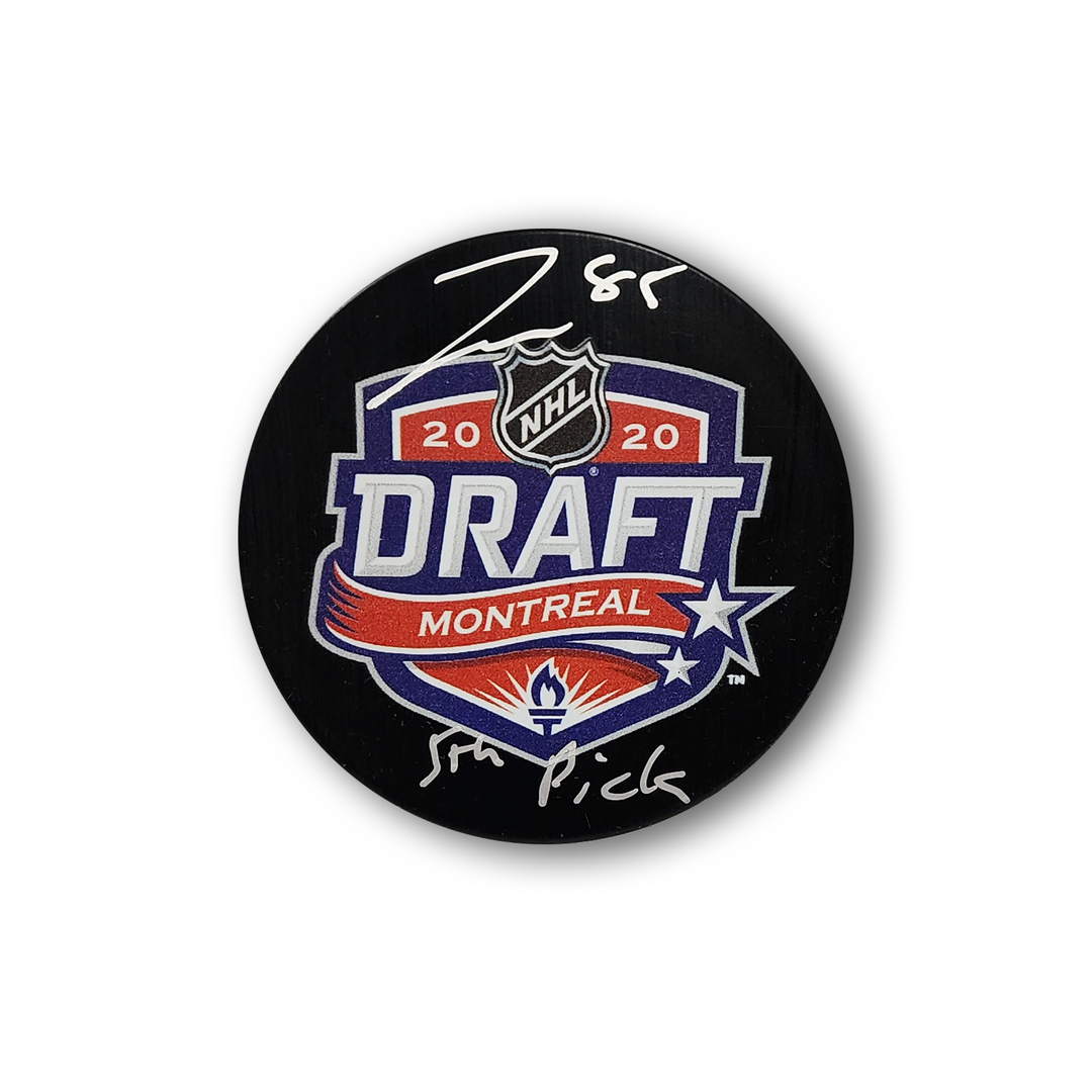Jake Sanderson Autographed 2020 NHL Draft Hockey Puck Inscribed 5th Pick