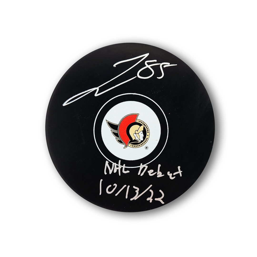 Jake Sanderson Autographed Ottawa Senators Hockey Puck Inscribed NHL Debut