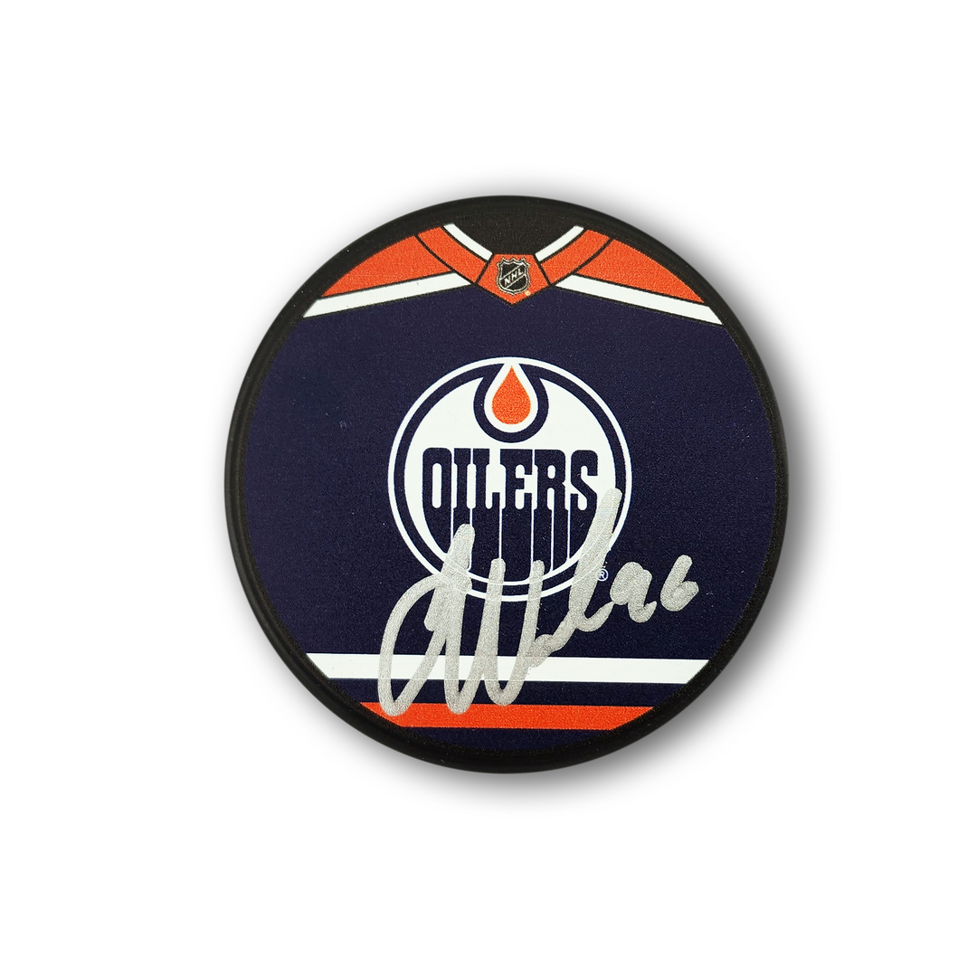 Jake Walman Autographed Edmonton Oilers Jersey Design Hockey Puck