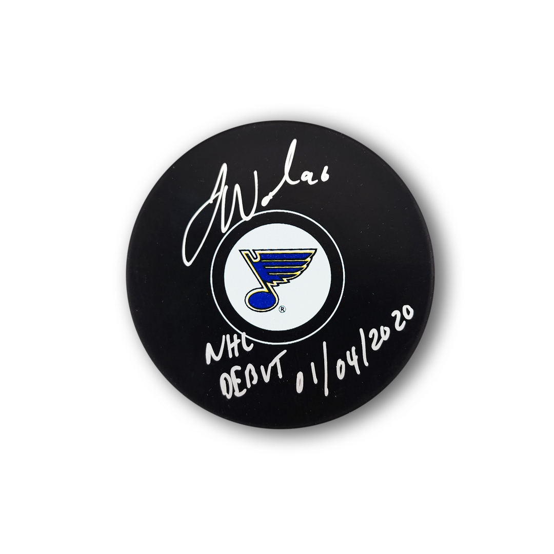 Jake Walman Autographed St. Louis Blues Hockey Puck Inscribed NHL Debut