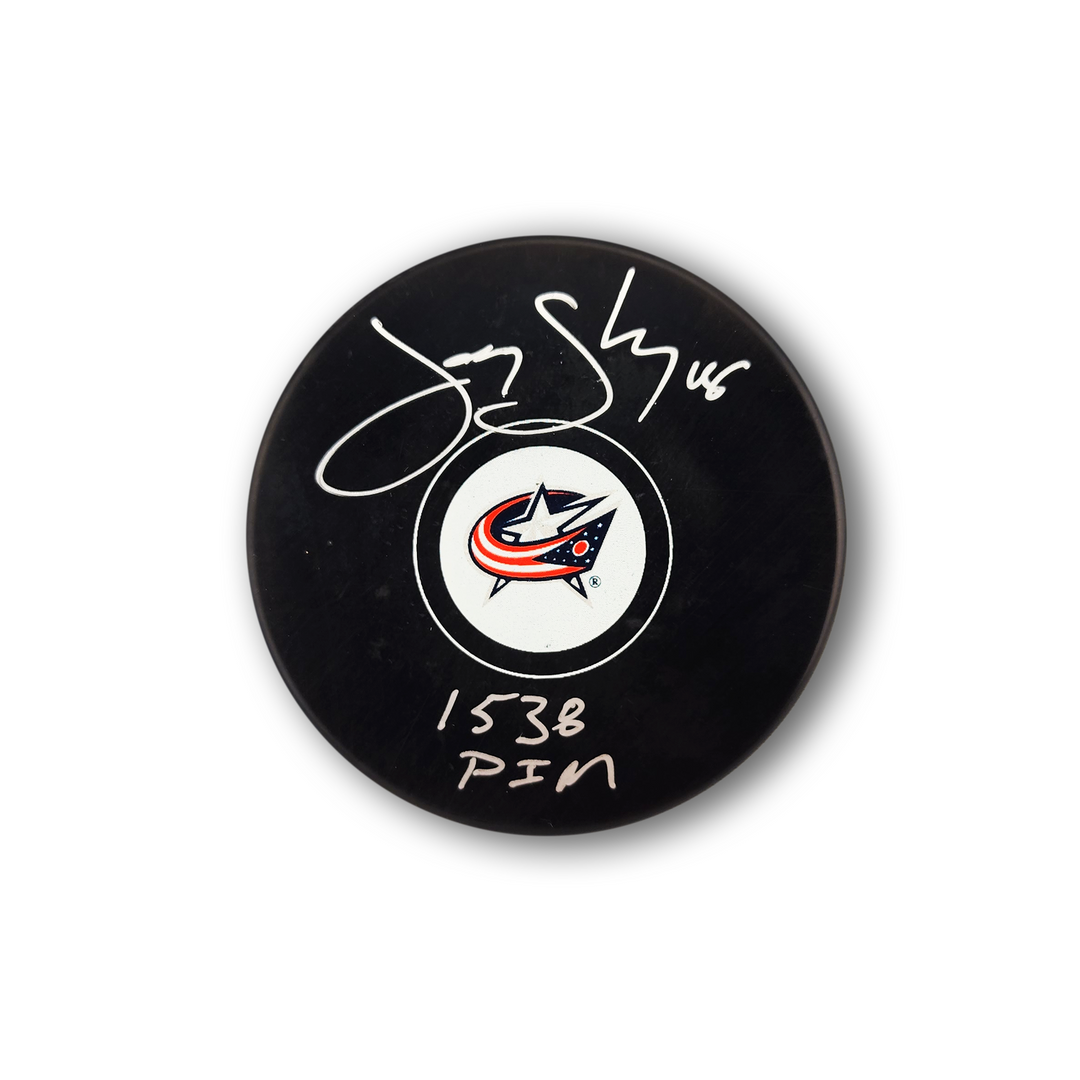 Jody Shelley Autographed Columbus Blue Jackets Hockey Puck Inscribed 1538 PIM