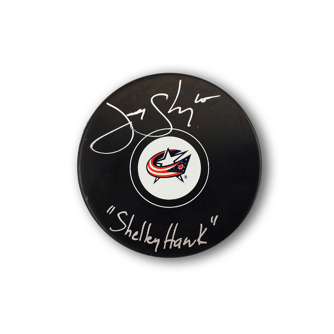 Jody Shelley Autographed Columbus Blue Jackets Hockey Puck Inscribed Shelley Hawk