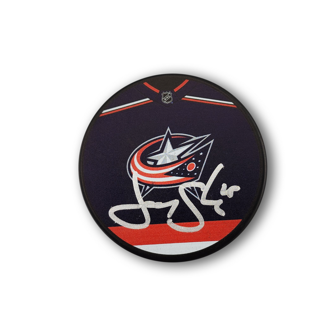 Jody Shelley Autographed Columbus Blue Jackets Jersey Design Hockey Puck