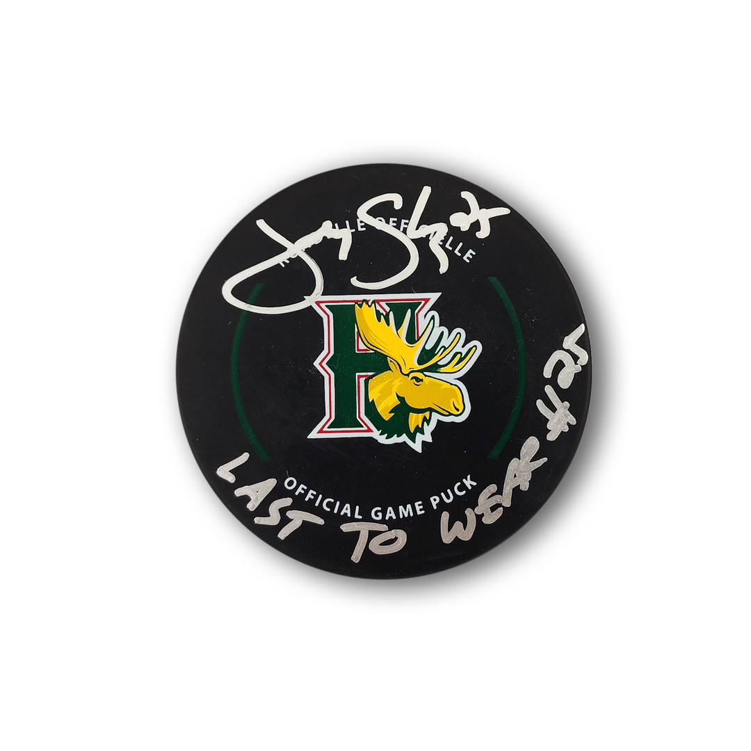 Jody Shelley Autographed Halifax Mooseheads Hockey Puck Inscribed Last To Wear 25