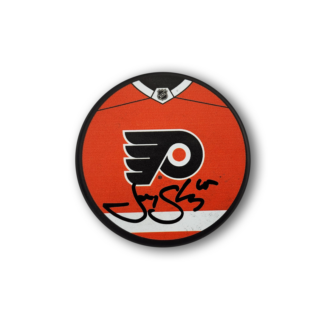 Jody Shelley Autographed Philadelphia Flyers Jersey Design Hockey Puck