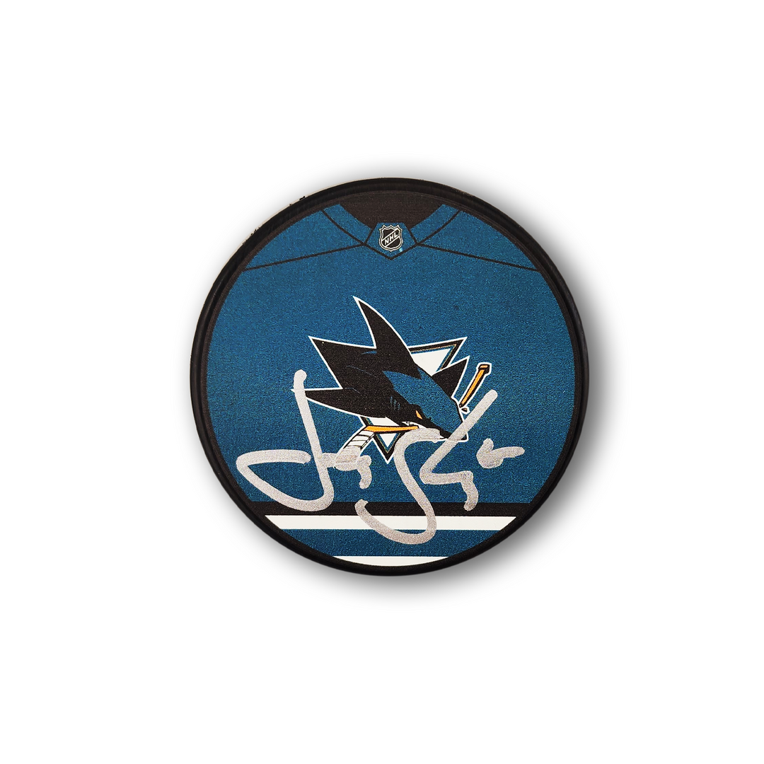 Jody Shelley Autographed San Jose Sharks Jersey Design Hockey Puck