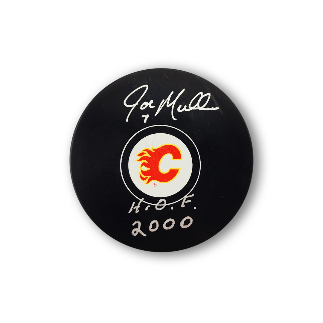 Joe Mullen Autographed Calgary Flames Hockey Puck Inscribed HOF 2000