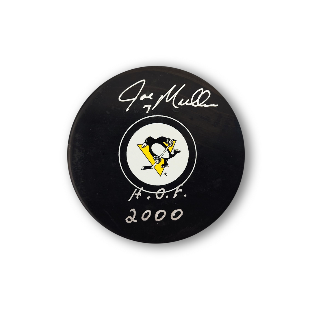 Joe Mullen Autographed Pittsburgh Penguins Hockey Puck Inscribed HOF 2000